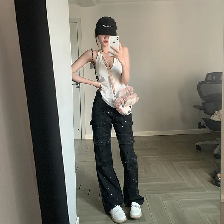 裤长110cm 加长满天星带钻窄版阔腿牛仔裤女秋冬高个子工装裤辣妹