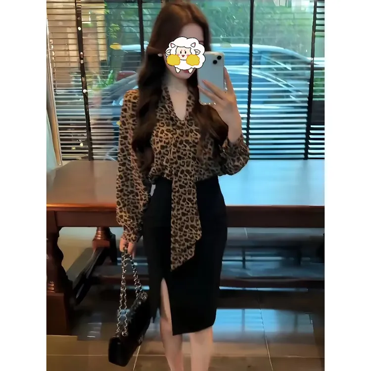 2025早春气质性感豹纹系带雪纺衬衫长袖职业高腰修身显瘦包臀裙