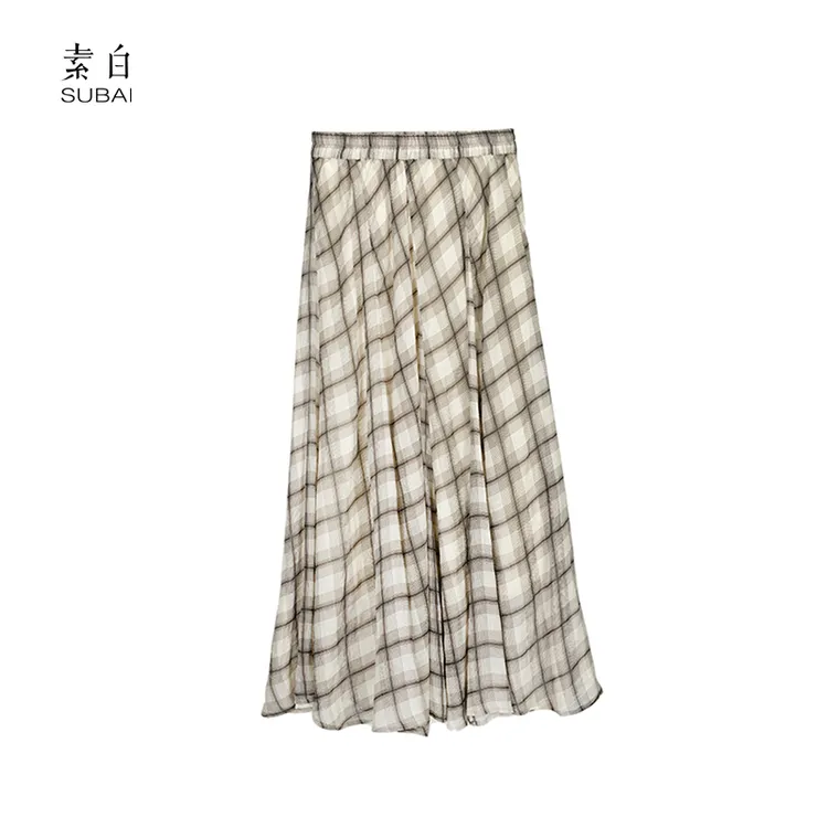 素白显瘦复古【漫舞】Q01414港风高腰斜格遮胯显瘦大摆长裙半身裙
