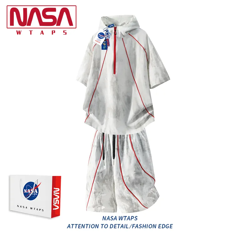NASA WTAPS潮流扎染连帽短袖T恤套装男夏季明线设计短袖短裤套装