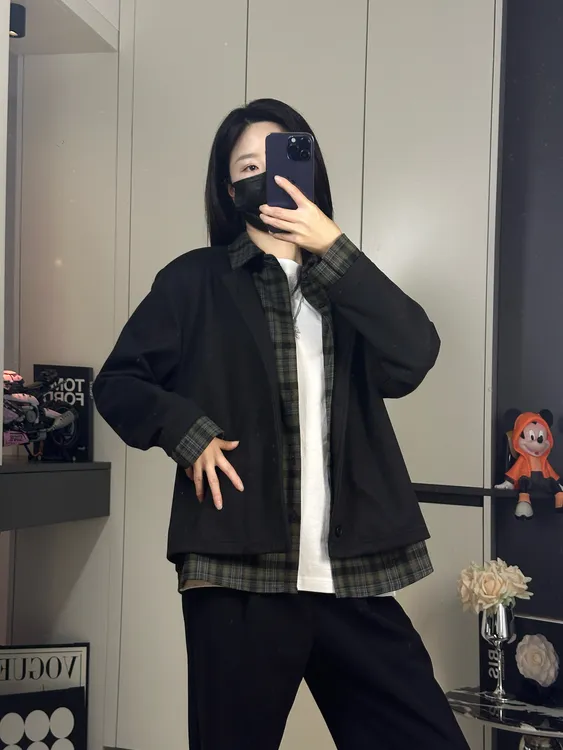 【菜菜】秋季新款假两件拼接衬衫领毛呢开衫外套男女同款翻领夹克