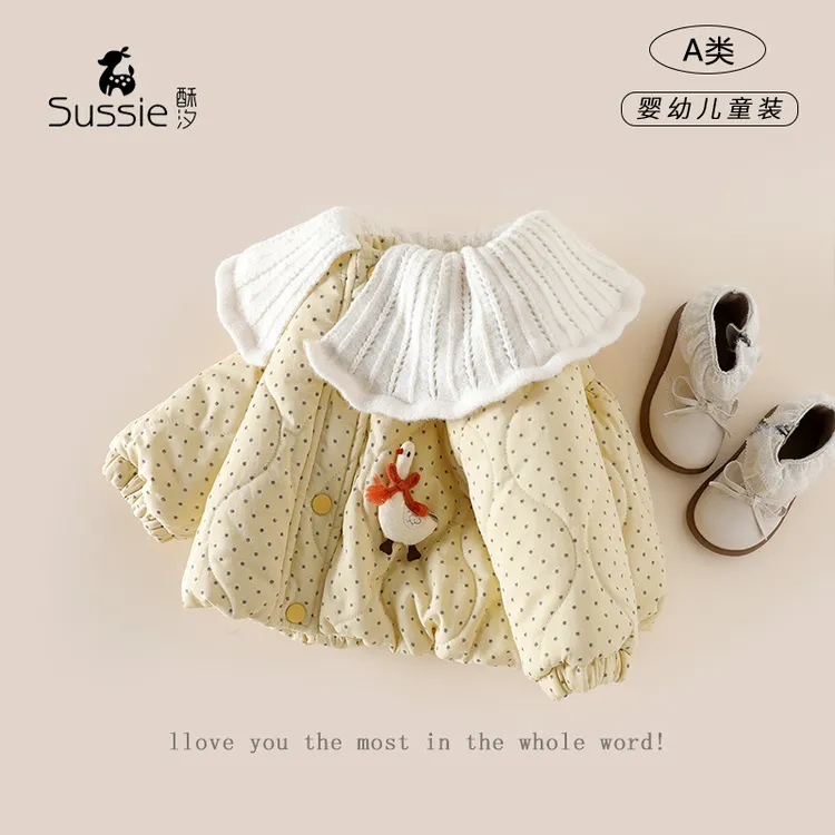 儿童夹棉衣服加绒加厚女童棉衣2025冬季宝宝洋气圆点女童棉服外套