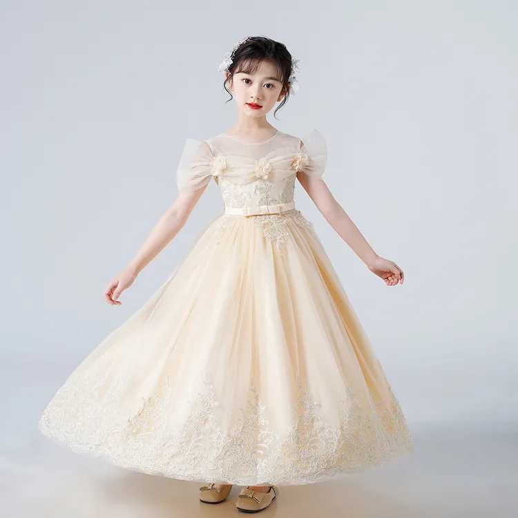 香槟140码 儿童长款连衣裙礼服绣花网纱公主裙女孩生日礼物表演服