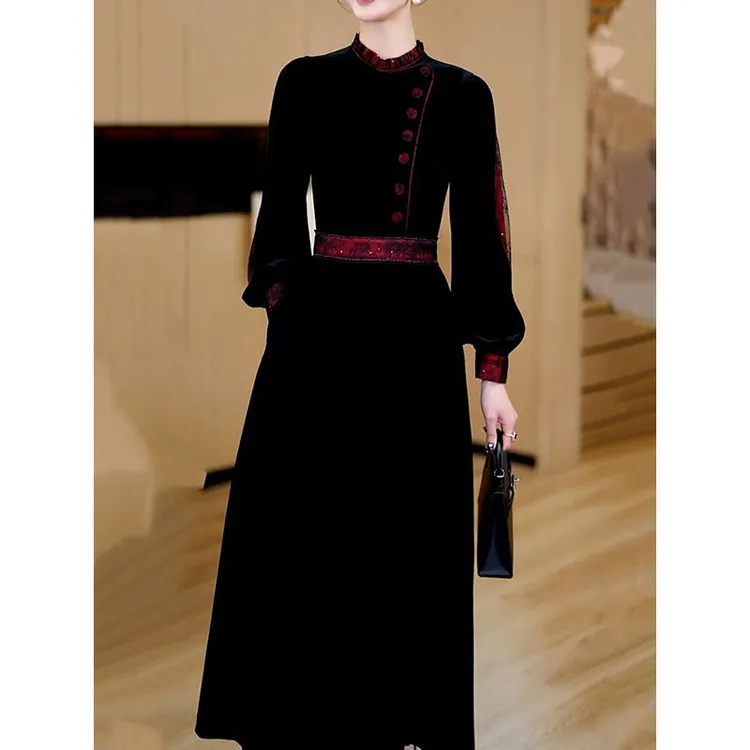 优雅端庄贵夫人木耳边长袖连衣裙2025秋冬新款洋气显瘦收腰礼服裙