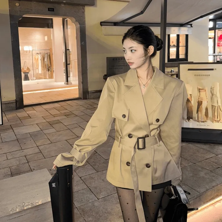 秋季新款风衣外套女辣妹法式双排扣中长款西装领百搭收腰外穿2504