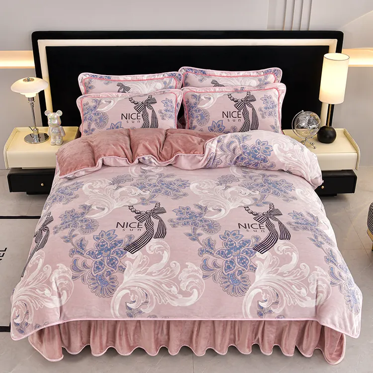 秋冬款防寒印花牛奶绒四件套双面绒四件套【枕套随机裁剪！】