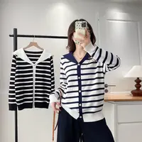 JIANAOBEN/简澳本微胖大码宽松减龄海军领条纹针织衫时尚开衫毛衣