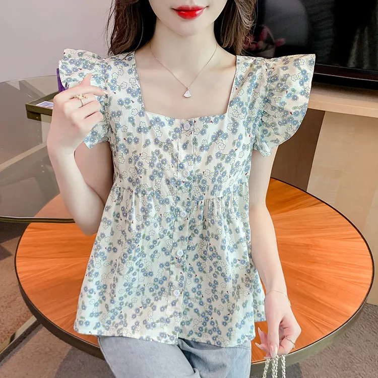 法式小衫碎花泡泡袖夏装短款飞飞袖2025露脐短袖衬衫女雪纺新款  