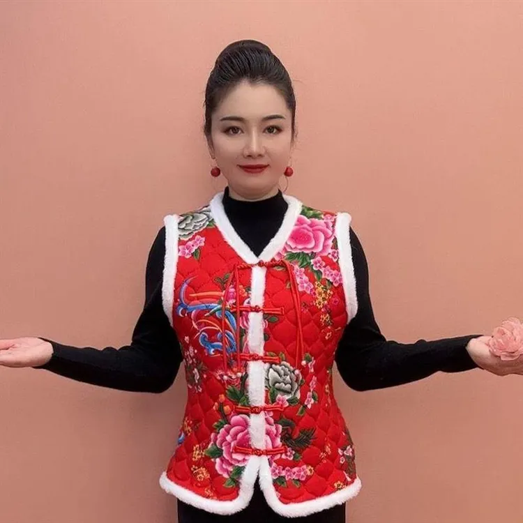 女装中国新款马甲东北大花棉袄妈妈民族盘扣保暖加棉背心坎肩