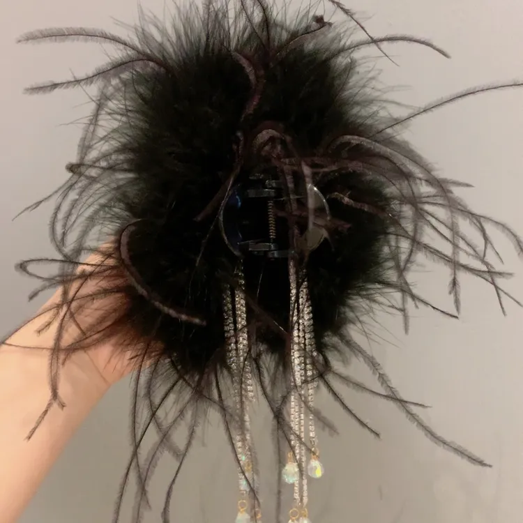 新品超仙~ins风鸵鸟气质流苏毛毛抓夹温柔优雅发夹