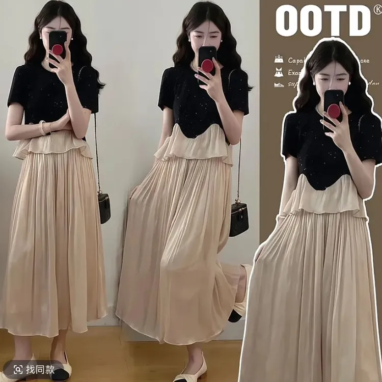 高级感星空烫钻拼接荷叶边短袖上衣阔腿裤裙九分裤洋气减龄两件套