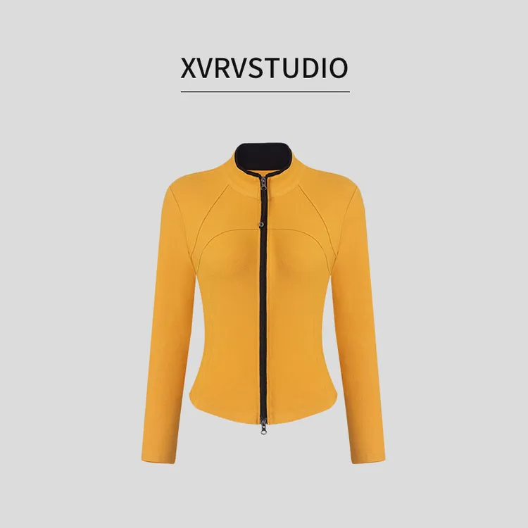XVRV2025秋季新款百搭修身立领外套撞色运动双开拉链女长袖上衣