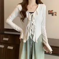 初秋宽松长袖罩衫上衣女微胖MM大码设计感木耳边宽松别致T恤13096