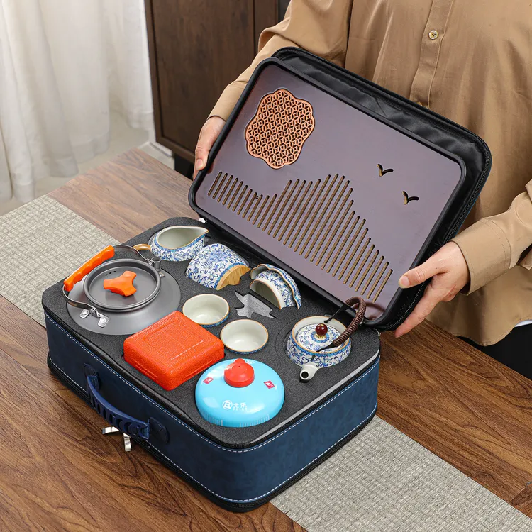 车载户外汝窑青花居家两用露营围炉煮茶便携式旅行茶具套装陶瓷