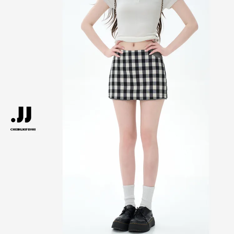 H2856【失控格纹】新品复古小众简约半身裙自带港风新款潮牌女装