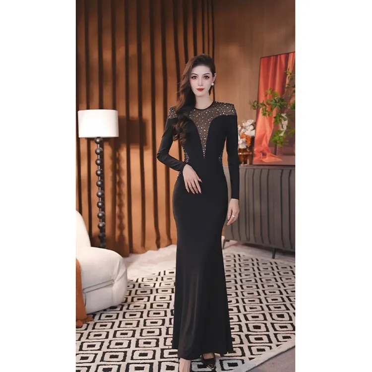 尤克菲儿 原创高定轻奢水晶麻拼接网纱烫钻气质优雅连衣裙