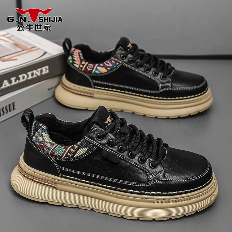 公牛世家男鞋秋季高级感潮牌复古黑色板鞋男厚底增高运动休闲皮鞋