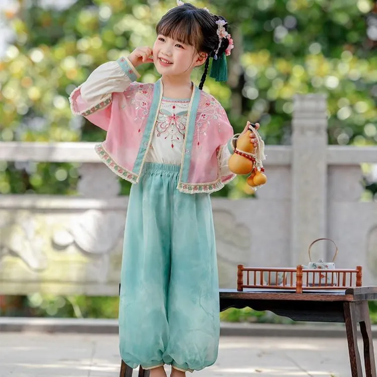 女童新中式春秋装民族风休闲粉蓝混纺聚酯儿童灯笼裤套装