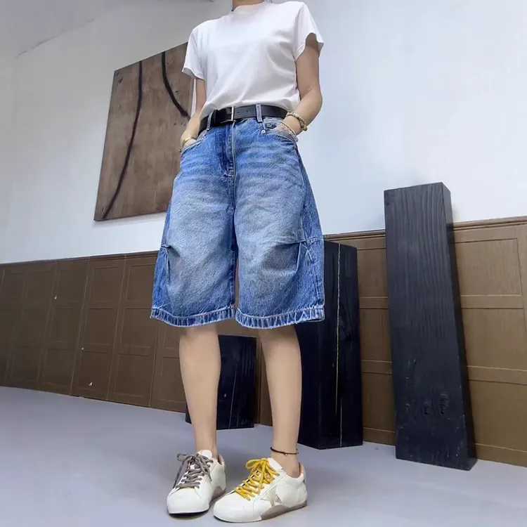 2025年夏季新款百搭显瘦牛仔短裤女胖MM高腰大码抽褶阔腿五分裤子