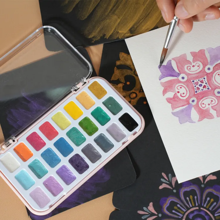 【两件9折】24色珠光固体水彩颜料迷你款适用没骨画工笔画水彩画