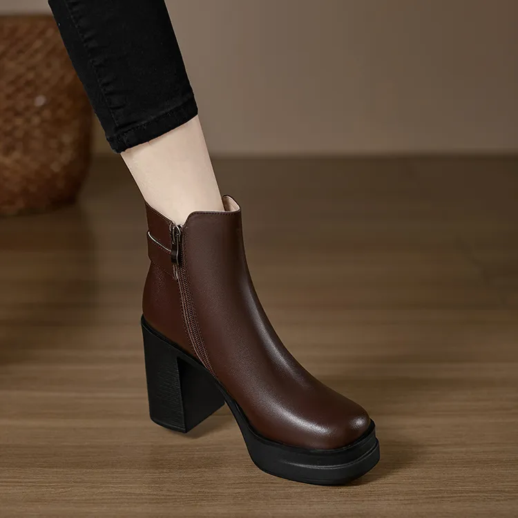 小个子手工女鞋10.5cm~方头粗跟不累脚时装靴气质显瘦百搭短靴女