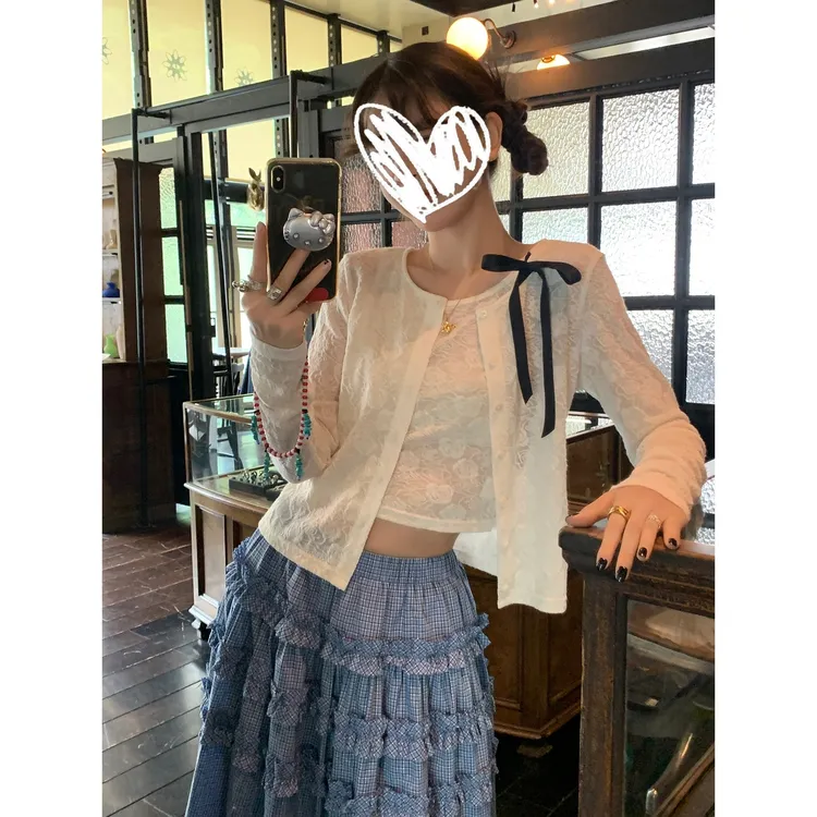 玫瑰少女朦胧柔美蕾丝结背心圆领开衫两件套装女早秋2025新款上衣
