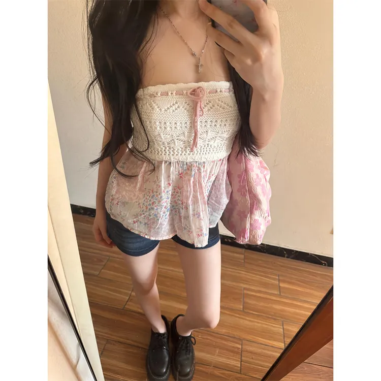 2025新款女士早春季海边度假风抹胸背心碎花拼接设计感上衣短裤