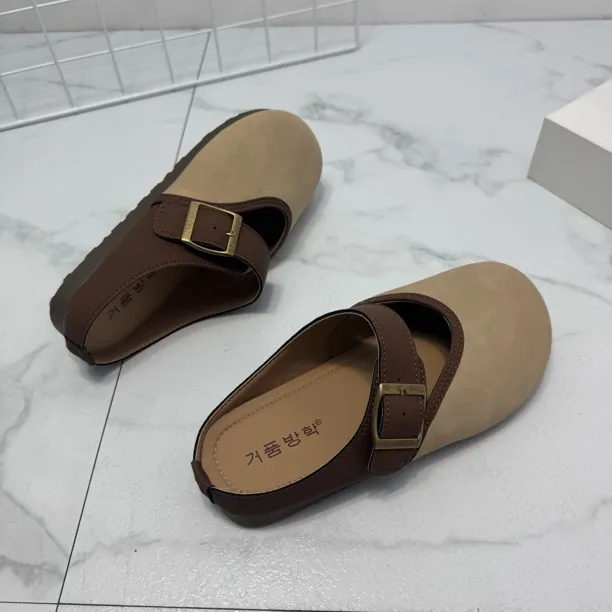 拼色包头卡通风反绒坡跟包头拖夏季软面平底春季奶奶鞋秋季