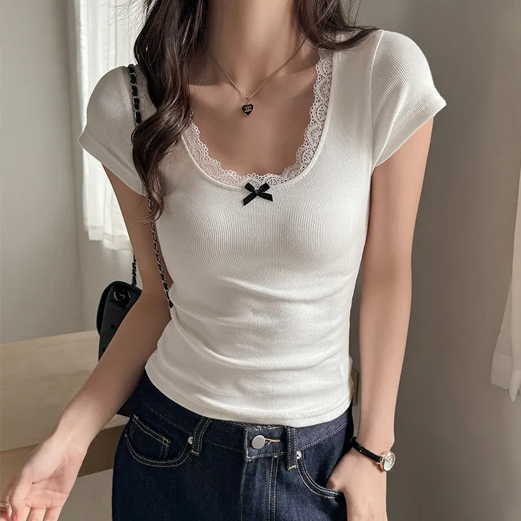 严选新款纯欲辣妹风正肩短袖t恤女白色修身显瘦蕾丝花边U领打底衫