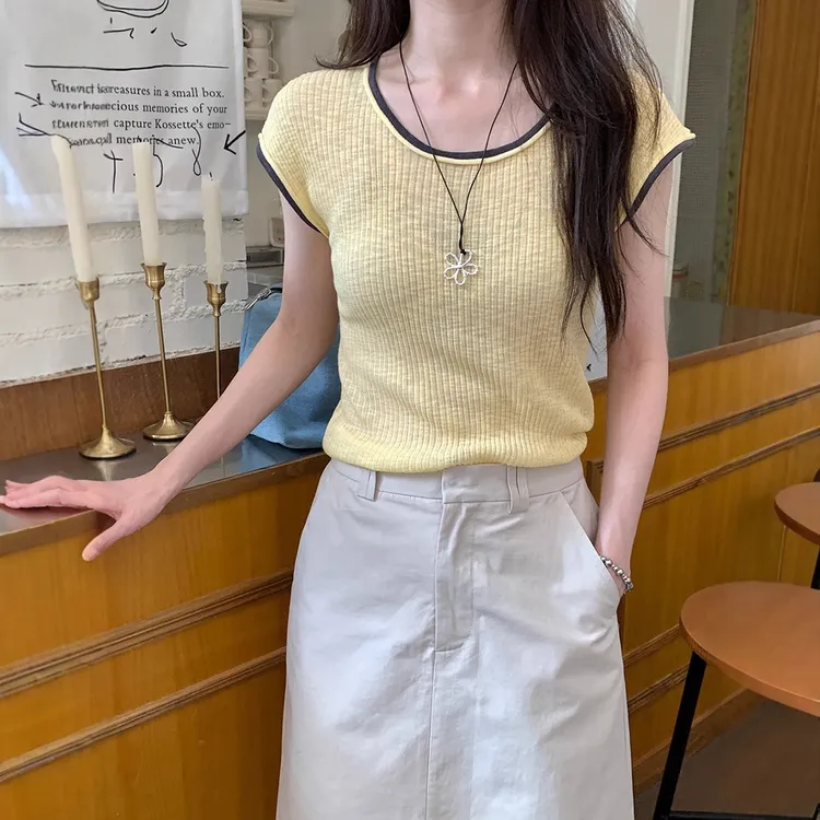 韩系撞色圆领短袖针织女2025夏季新款收腰显瘦百搭休闲t恤上衣