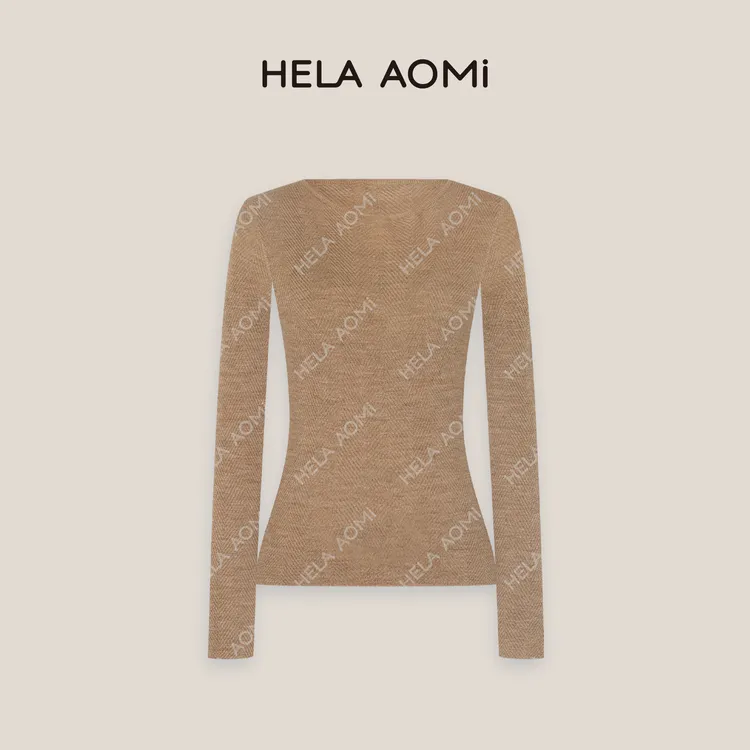 HELA AOMI“绵羊毛100% 水波纹”设计感轻薄亲肤纯色一字领针织衫