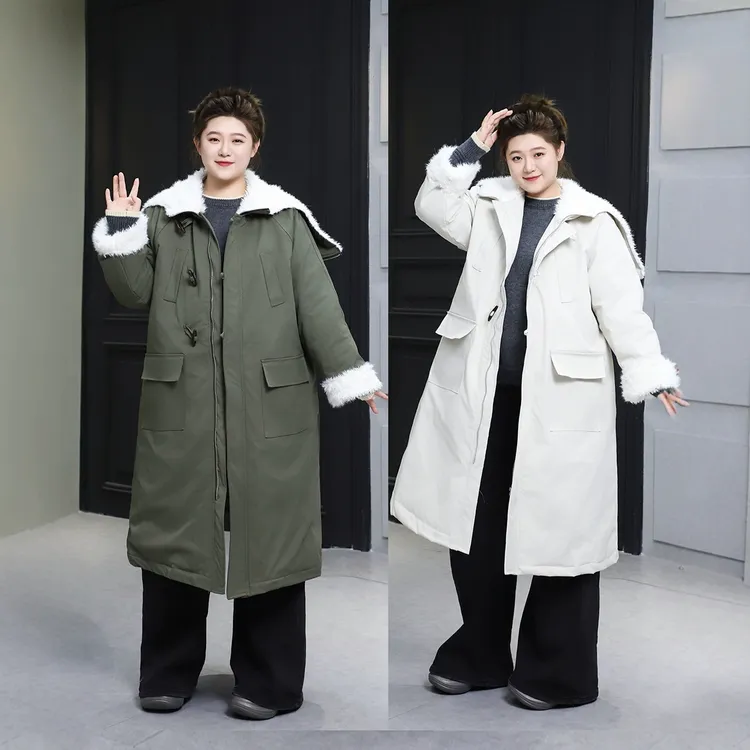 大码棉衣女款2025冬季新款胖mm气质大毛领中长款显瘦派克棉服外套