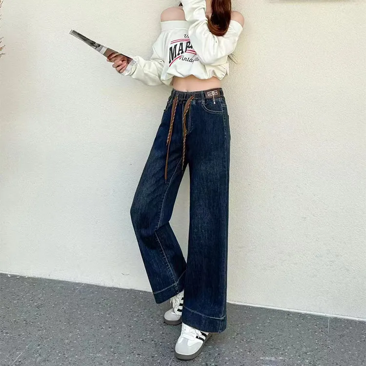秋冬加绒复古蓝松紧腰直筒牛仔裤女弹力高腰宽松显瘦奶奶裤