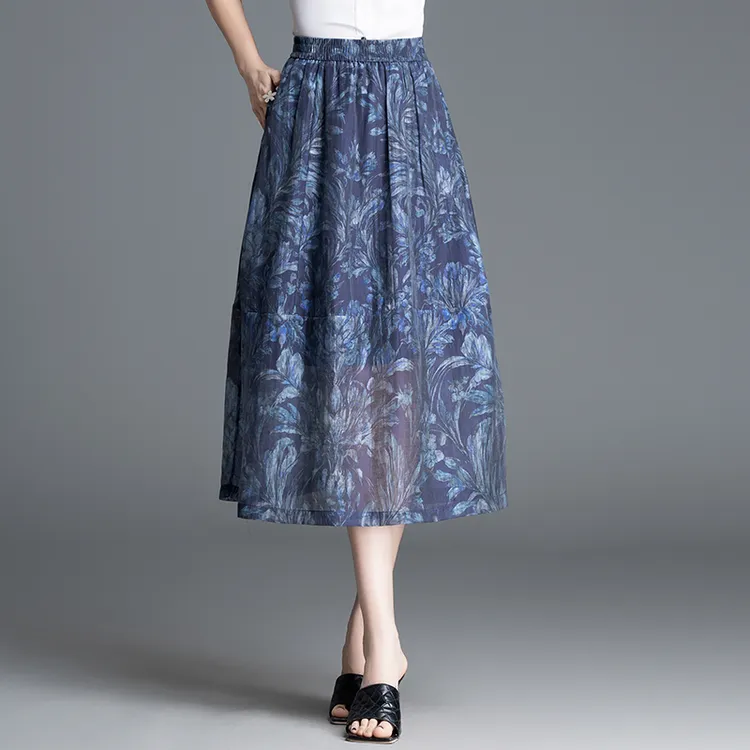天丝麻印花花苞裙半身裙女气质裙子显瘦a字蓬蓬裙灯笼裙