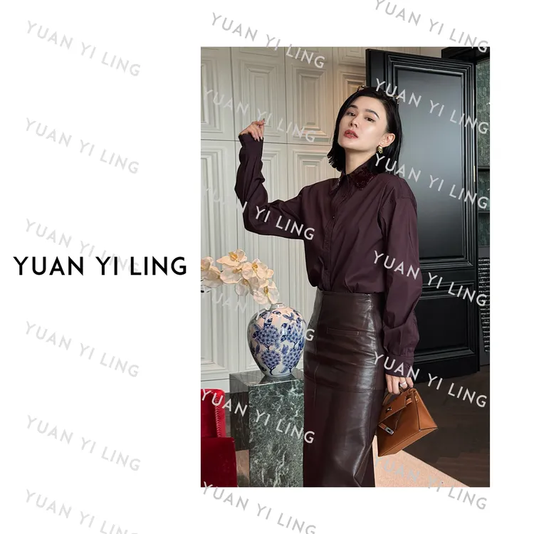 袁艺灵【度假老钱】25秋季新款重工亮片翻领棉质长袖休闲衬衫时尚  