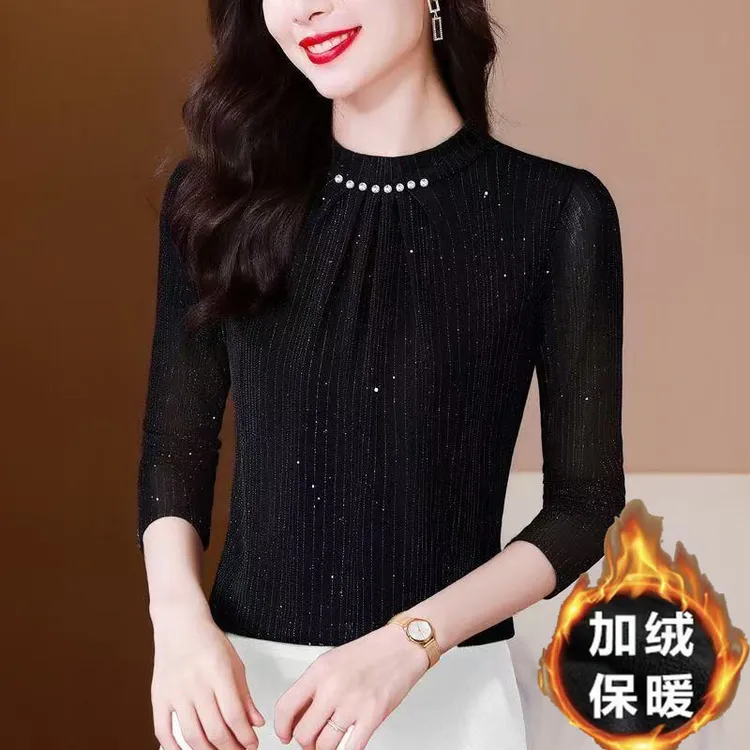 秋冬新款打底衫加绒保暖气质显瘦百搭时尚T恤半高领长袖上衣女