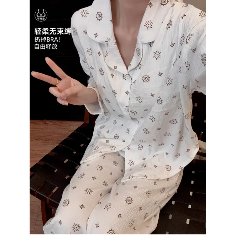 之会睡衣女老钱风新款金色圆点春秋季带胸垫长袖家居服可外穿套装