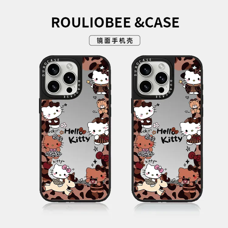 围边豹纹KT猫适用苹果17Promax手机壳16趣味iPhone15补妆镜14新款