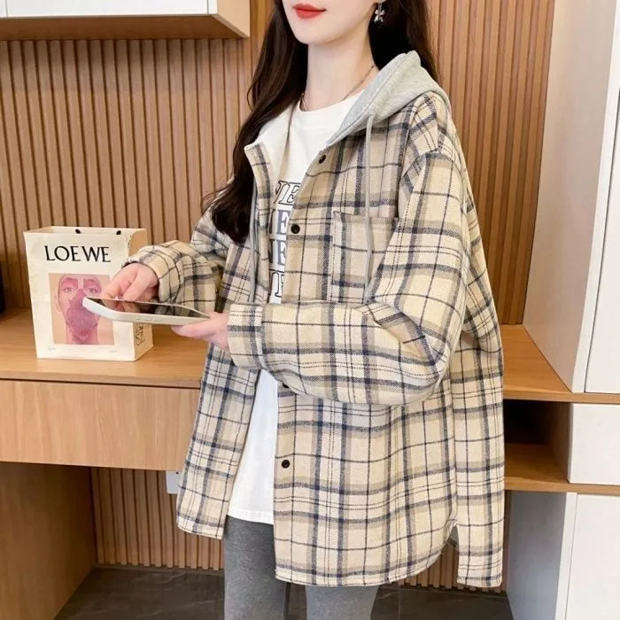 复古港味连帽格子衬衫外套女2025春秋新款宽松休闲洋气开衫上衣
