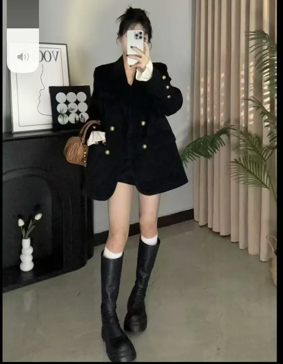 女双排扣常规纯色学院风西装外套秋冬休闲长袖黑色气质轻奢秋季