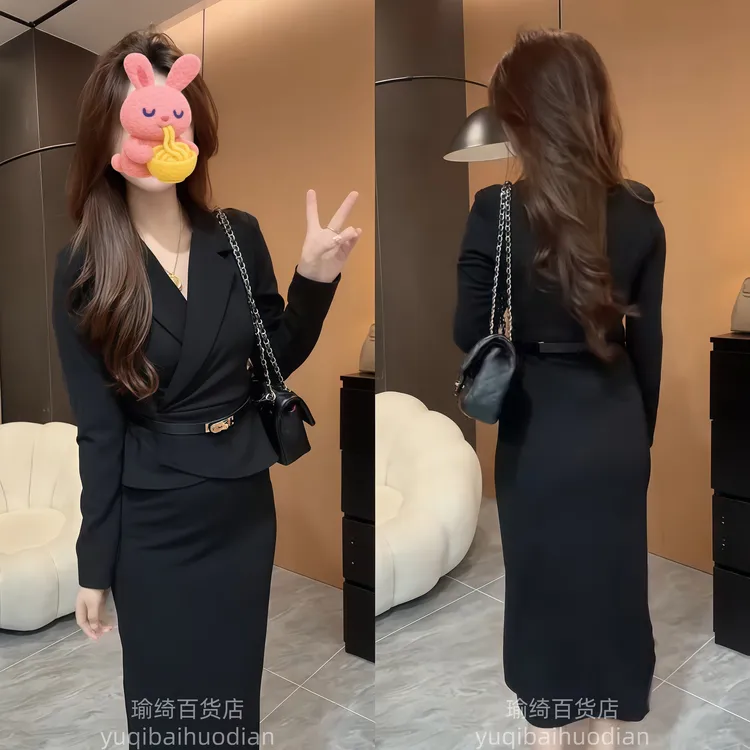 法式女神范假两件长袖上衣女2025秋季洋气高级感显瘦半身裙两件套