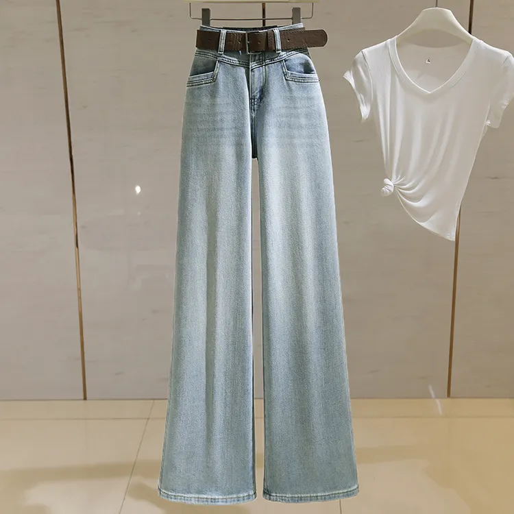 culv高腰微喇阔腿牛仔裤女2025春季新款复古宽松显瘦垂感拖地长裤