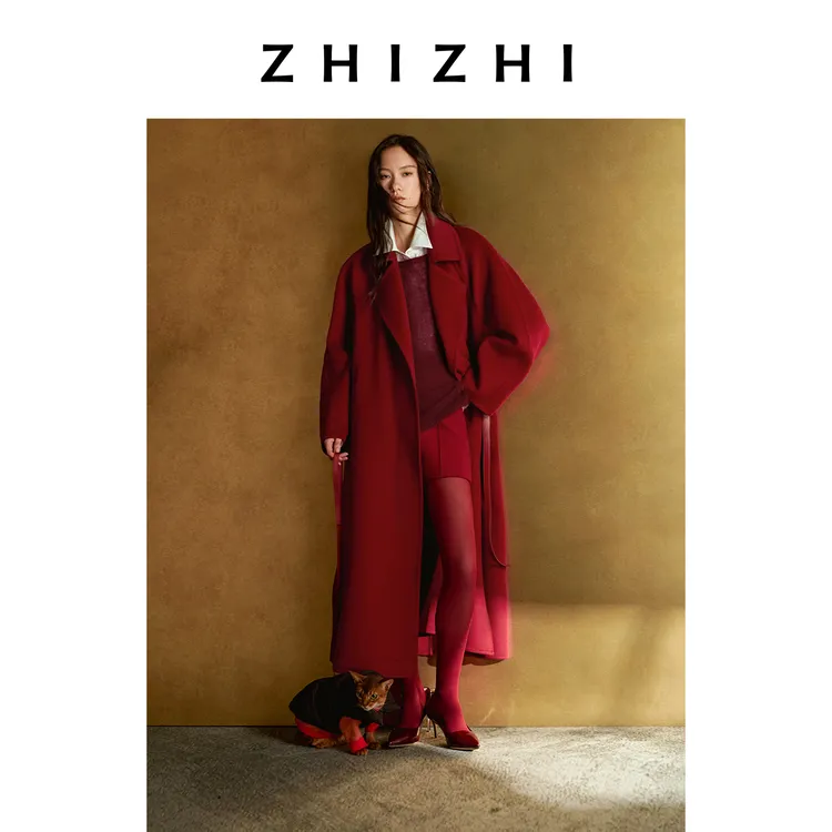 【好运红】致知 红窗月 全羊毛时尚长款毛呢大衣外套ZZ2FSWWT001