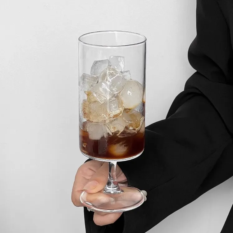 ins风直筒高脚咖啡杯冰美式玻璃杯小众设计拿铁杯牛奶杯果汁杯子