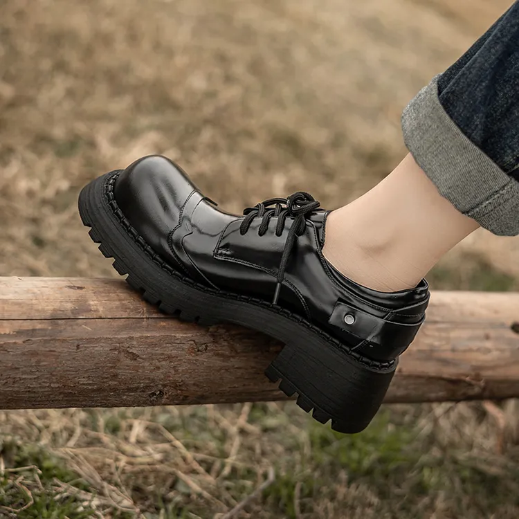 2025年春秋季新款深口系带单鞋女粗跟厚底黑色学院风英伦小皮鞋女