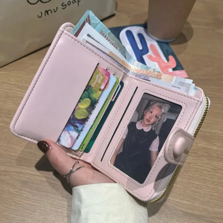 粉色韩系简约石头纹短款钱包多功能ins小众设计卡包多卡位零钱包