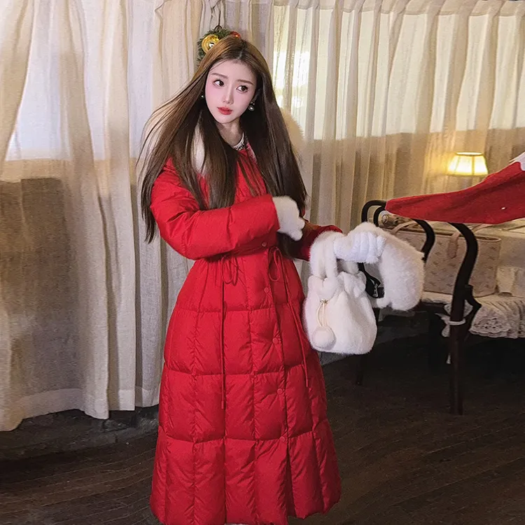 冰冰来了【新年战袍】少女感小格纹大毛领羽绒服高腰长款外套26527