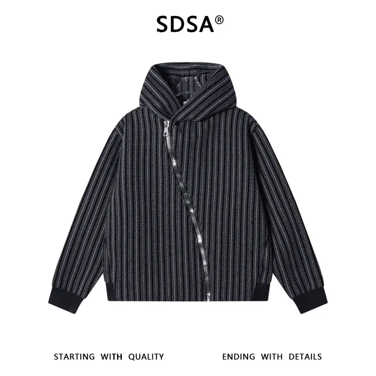 SDSA秋冬新款痞帅男装极简风撞色竖纹斜拉链连帽卫衣外套百搭宽松