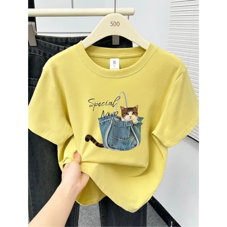 正肩短袖t恤女夏季新款韩版设计感布袋猫咪印花显瘦圆领上衣服ins