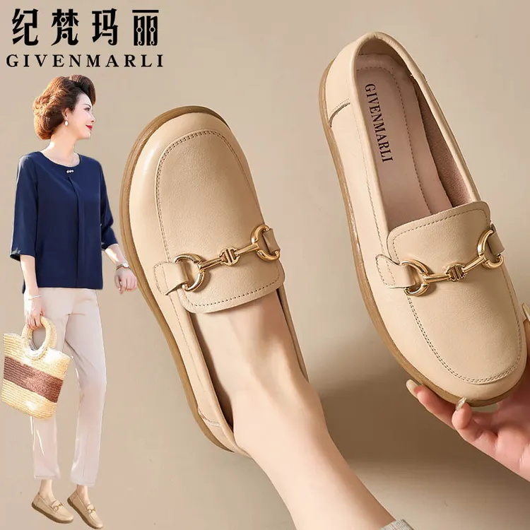 真皮乐福鞋软底舒适豆豆鞋平底一脚蹬妈妈鞋春秋休闲芭蕾风女鞋夏